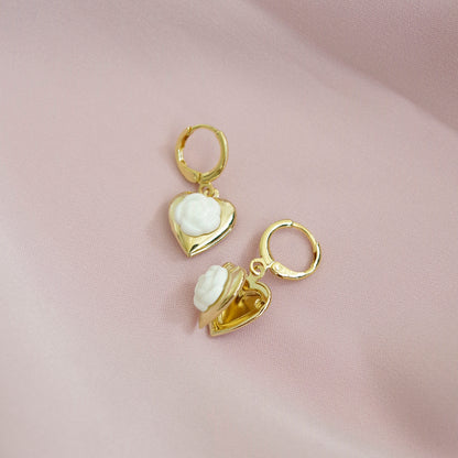 Mini Camellia Heart Locket Earrings