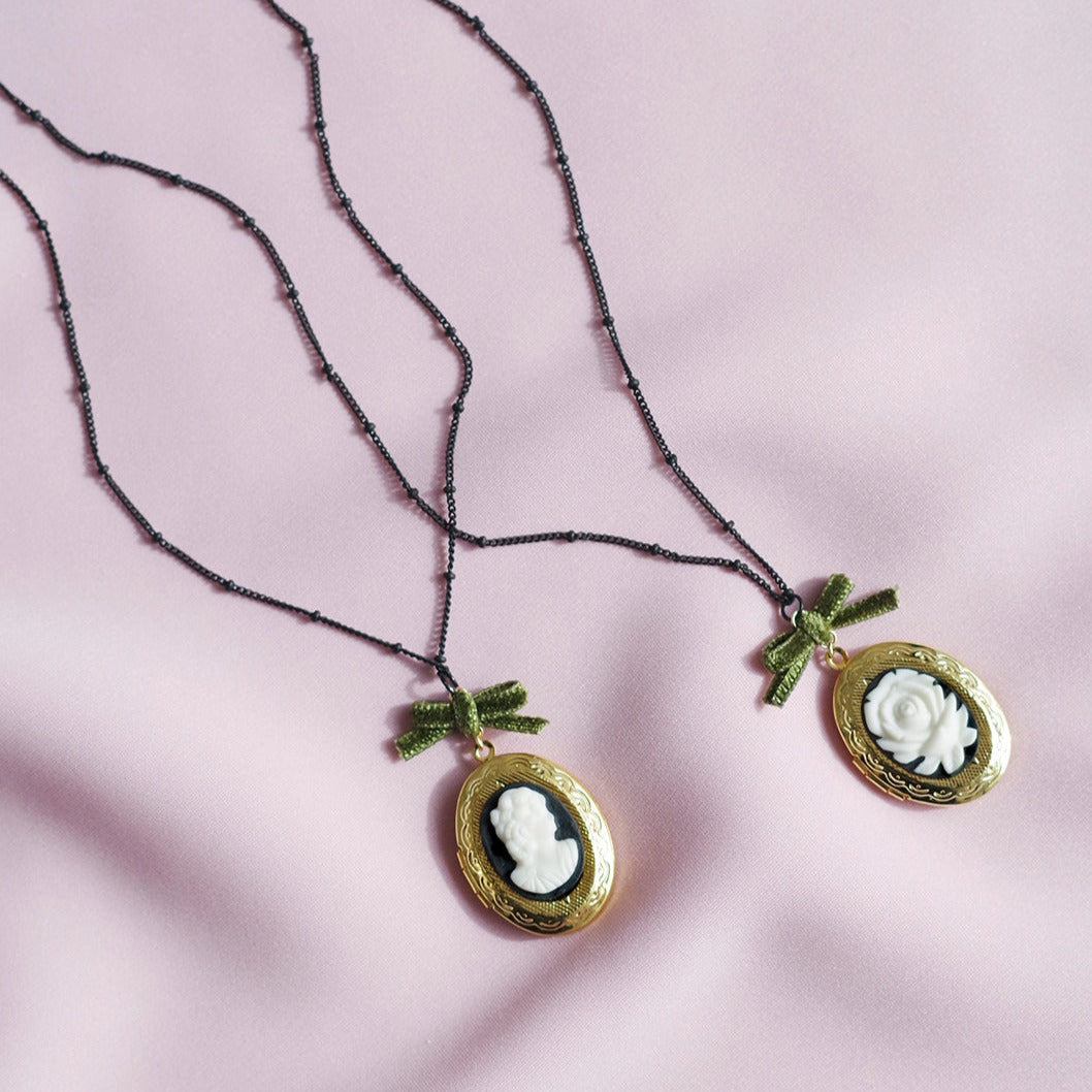 Dark Romance Rose Oval Porcelain Cameo Locket Necklace