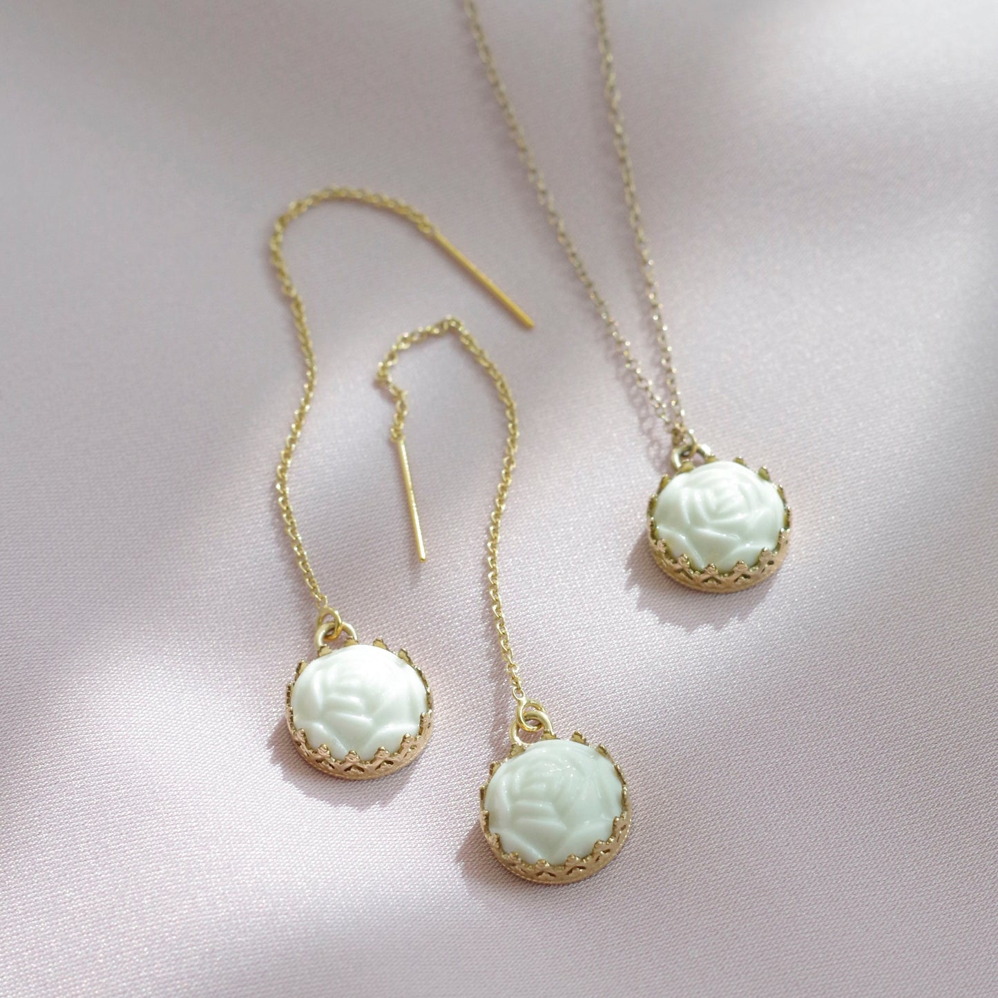 Mini Porcelain Rose With Gold-Filled Chain Earrings
