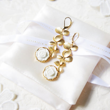 Porcelain Moonlight Rose And Triple Leaves Drop Earrings