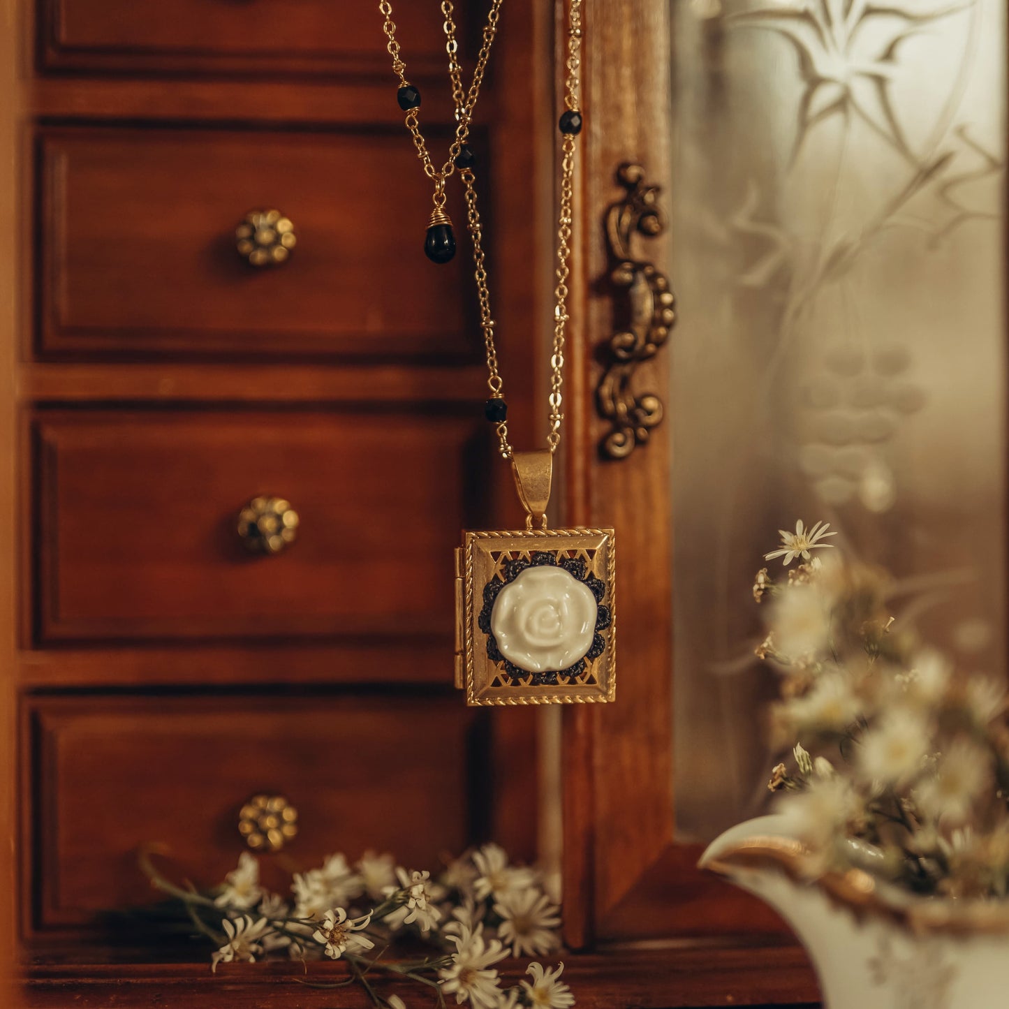 Vintage Style Porcelain Moonlight Rose Locket Necklace