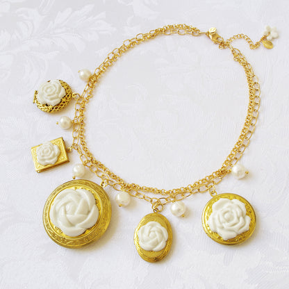 Porcelain Floral Lockets Statement Necklace