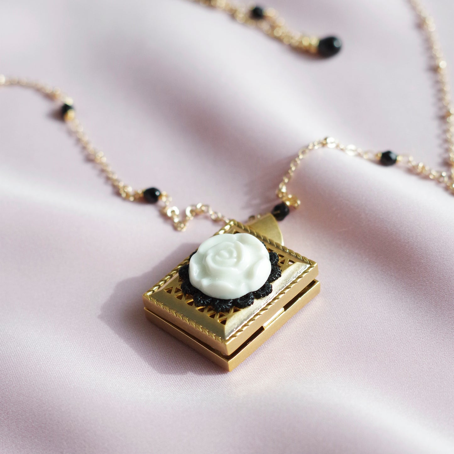 Vintage Style Porcelain Moonlight Rose Locket Necklace