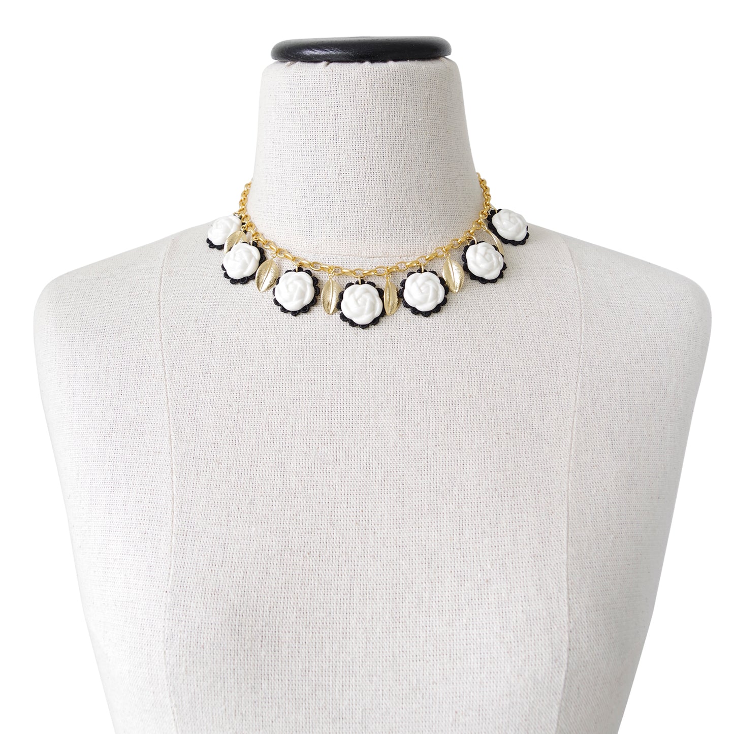 Porcelain Camellias And Golden Leaves Necklace