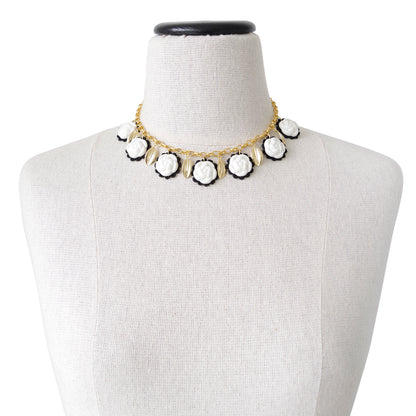 Porcelain Camellias And Golden Leaves Necklace