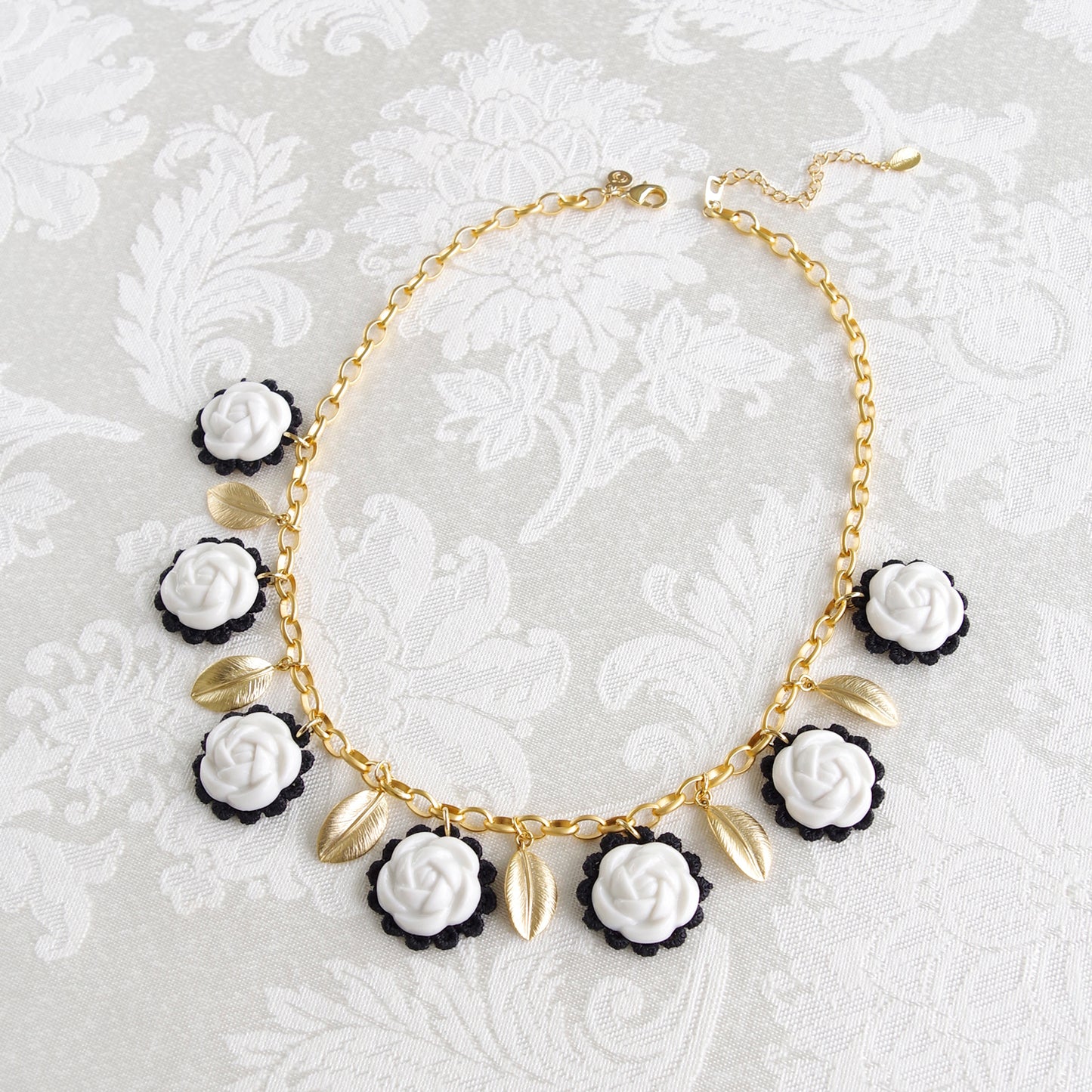Porcelain Camellias And Golden Leaves Necklace