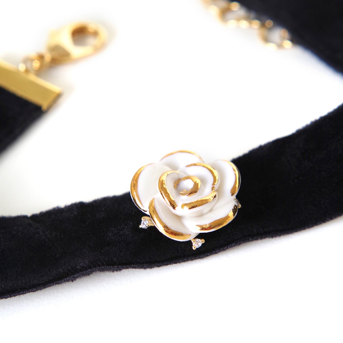 Golden White Cloud Rose Black Velvet Choker