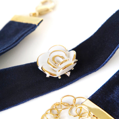 Golden White Cloud Rose Navy Velvet Choker