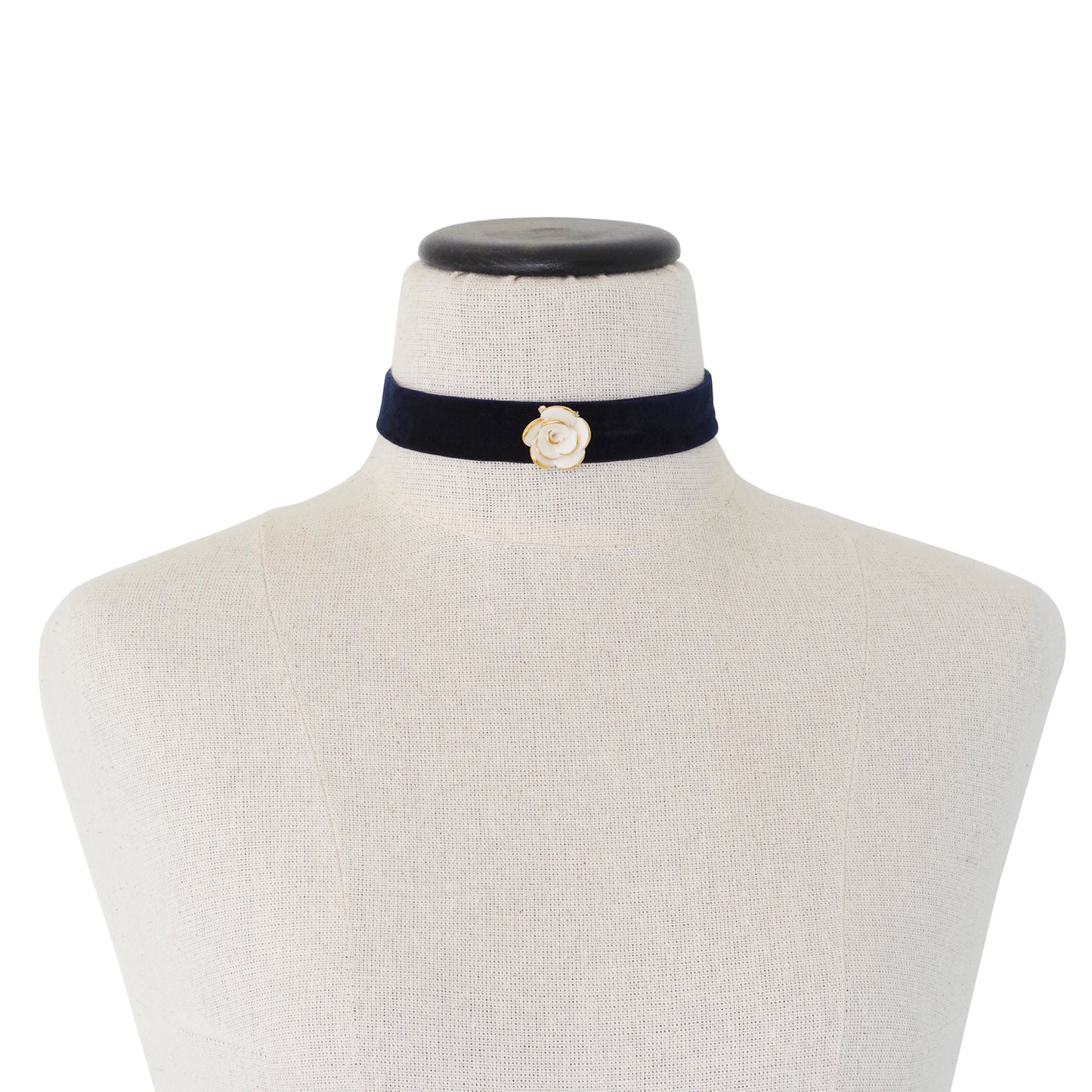 Golden White Cloud Rose Navy Velvet Choker