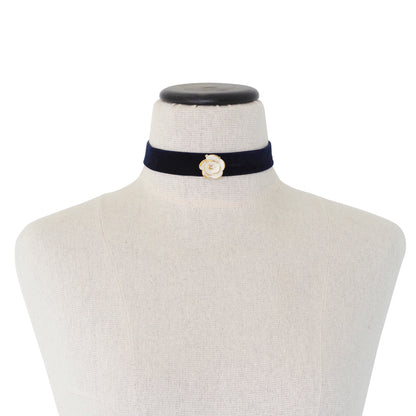 Golden White Cloud Rose Navy Velvet Choker
