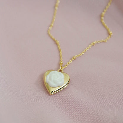 Mini Camellia Heart Locket Necklace