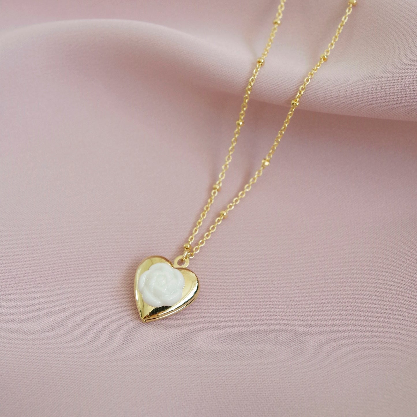 Mini Camellia Heart Locket Necklace