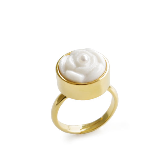 Porcelain Rose With Pearl Adjustable Ring