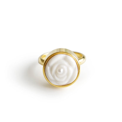 Porcelain Rose With Pearl Adjustable Ring