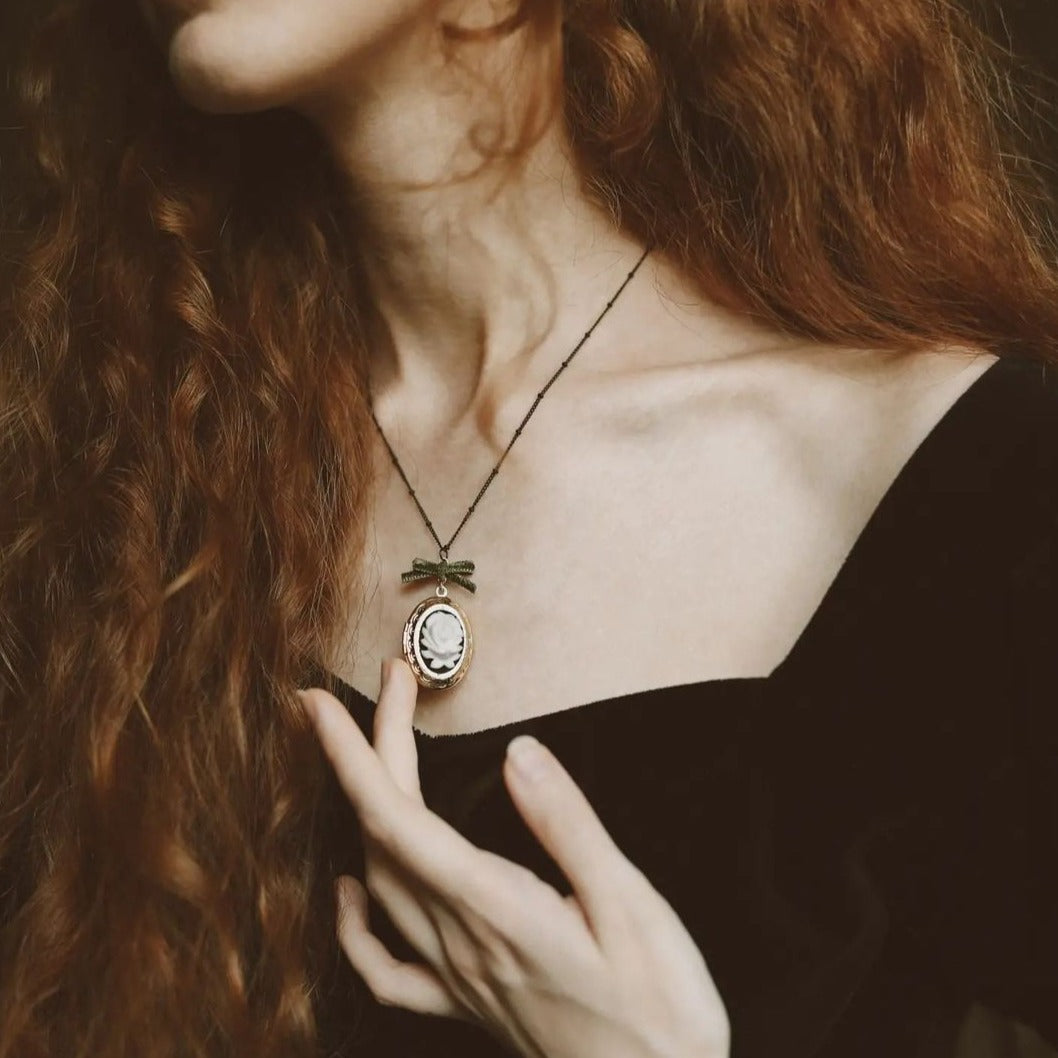 Dark Romance Rose Oval Porcelain Cameo Locket Necklace